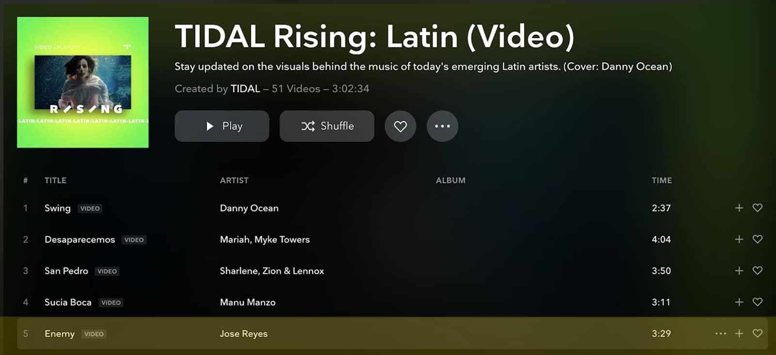 Tidal risijng latin video Playlist