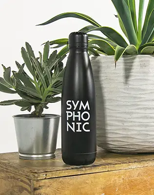 A water bottle with the word symphonic on it.