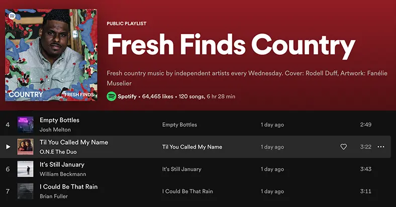 ONE The Duo Spotify Fresh Finds Country playlist pickup