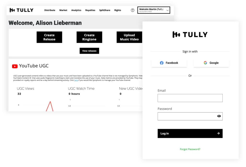 A screen displaying the login page for Tully, a music analytics platform.