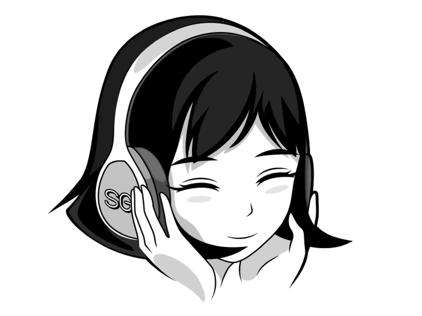 A black and white illustration of a girl wearing headphones mastering her music.