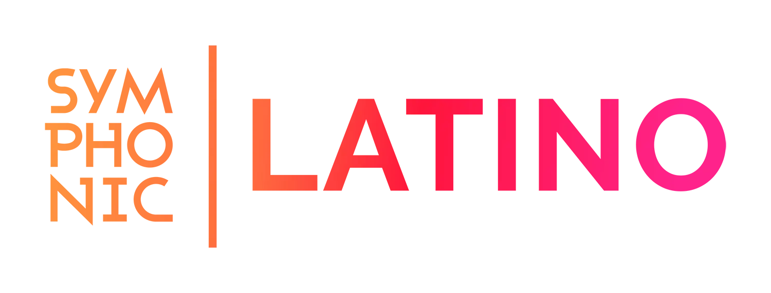 An orange and pink logo that says Symphonic Latino