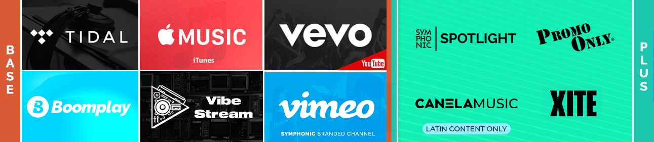 Collage of various music and video distribution service logos, including tidal, apple music, vevo, and others, each logo set against a vibrant, distinctively colored background.