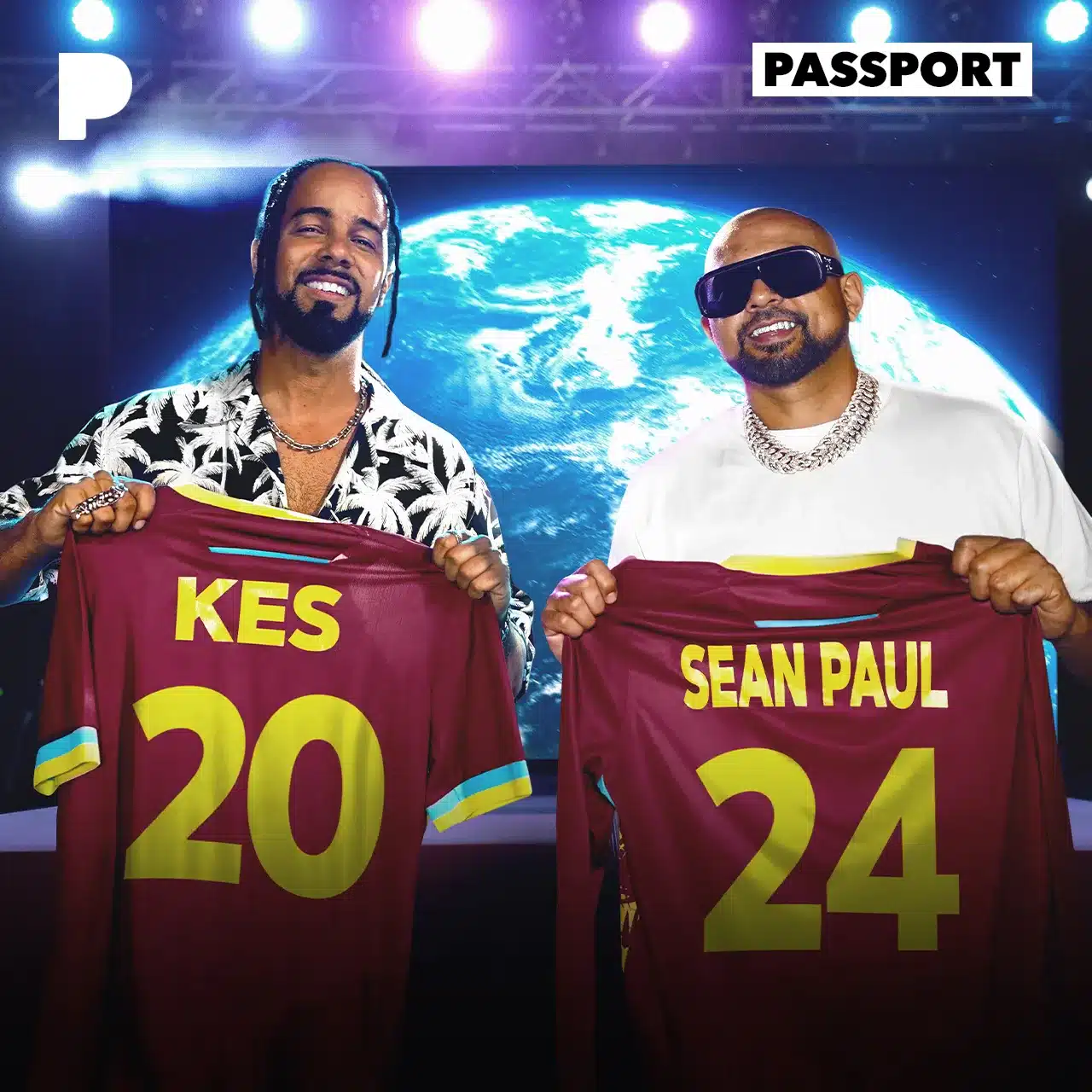 Two men holding maroon sports jerseys with yellow text, "KES 20" and "SEAN PAUL 24." A large earth image is displayed on a screen behind them under stage lights, reminiscent of a dramatic Grace Gaustad case study presentation.