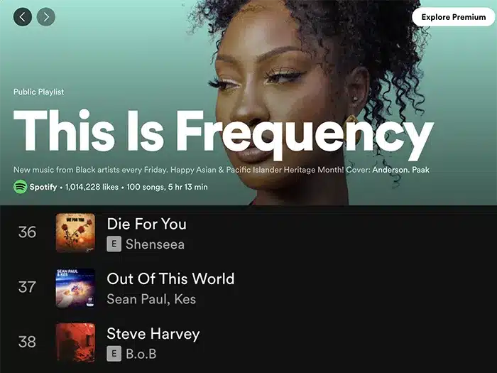 Spotify playlist screen titled "This is Frequency," featuring a woman with curly hair in the background. Playlist includes "Die For You" by Shenseea, "Out of This World" by Sean Paul, Kes, and "Steve Harvey" by B.O.B.