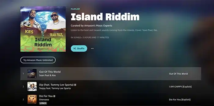 Screenshot of a music playlist titled "Island Riddim" on Amazon Music, featuring 64 songs with a cover image of two artists, Sean Paul and Kes. The options include shuffle and playing individual songs.