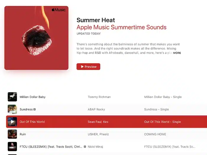 Screenshot of the Apple Music playlist "Summer Heat" featuring a cherry with fire on the stem. Six tracks are listed, including songs by Tommy Richman, A$AP Rocky, Sean Paul, and Nicki Minaj.