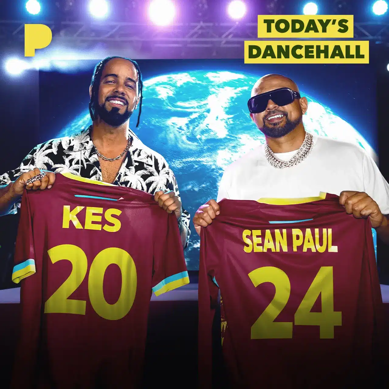 Two men stand smiling, each holding personalized maroon sports jerseys with yellow lettering. The backdrop features a glowing Earth image. Text reads "Today's Dancehall" in the top right corner, highlighting a special tribute to Grace Gaustad Case Study.