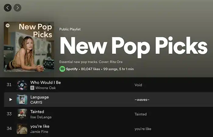 Screenshot of a Spotify playlist titled "New Pop Picks," featuring the song "Language" by CARYS at number 32. The playlist includes 99 songs and has a duration of 5 hours and 1 minute.