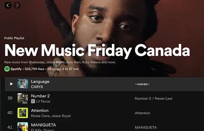 A Spotify playlist titled "New Music Friday Canada" featuring an artist's close-up with a list of top songs on the right.