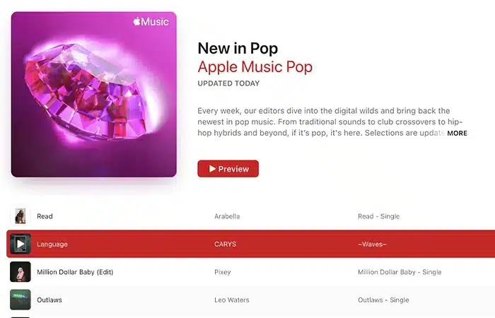 An Apple Music Pop playlist is displayed with a purple gem icon. It lists pop music tracks, including "Read" and "Language." A preview button is visible for the featured playlist titled "New in Pop.