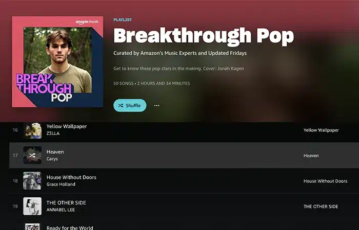 Screenshot of an Amazon Music playlist titled "Breakthrough Pop," featuring a cover photo of a person. The playlist includes 50 songs totaling 2 hours and 34 minutes of playtime.