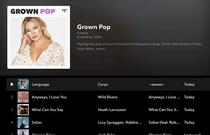 Spotify playlist titled "Grown Pop" features 50 contemporary pop songs. The cover image shows a woman in a white lace dress. The playlist includes tracks from various artists released today.