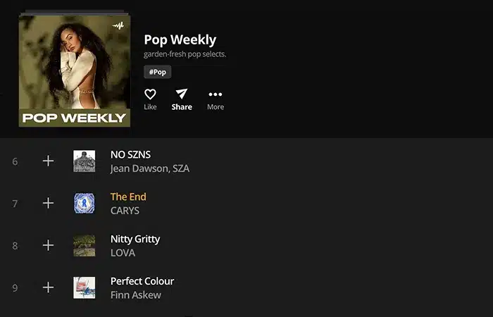 Screenshot of a music streaming platform displaying the Pop Weekly playlist with a song lineup including "NO SZNS" by Jean Dawson and SZA, "The End" by CARYS, "Nitty Gritty" by LOVA, and "Perfect Colour" by Finn Askew.