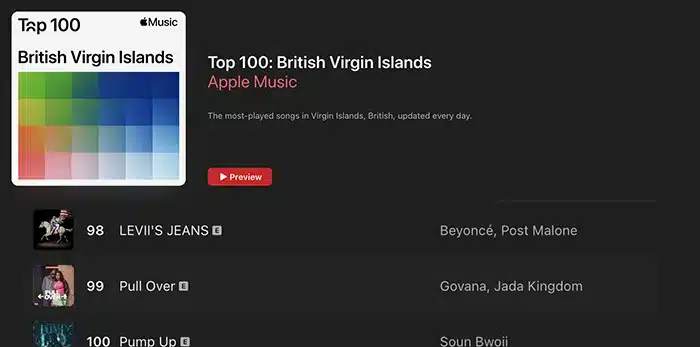 Screenshot of the Apple Music Top 100 chart for the British Virgin Islands, showing songs by artists including Beyoncé, Post Malone, Govana, and Jada Kingdom.