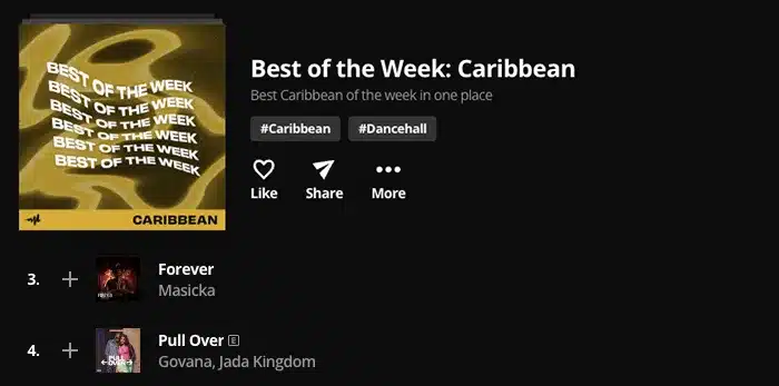 Screenshot of a music playlist titled "Best of the Week: Caribbean" featuring songs such as "Forever" by Masicka at number 3 and "Full Over" by Govana, Jada Kingdom at number 4.