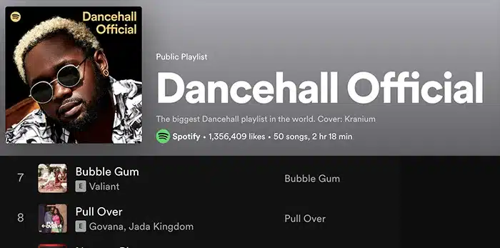 Screenshot of a Spotify public playlist titled "Dancehall Official" featuring 50 songs, 2 hours and 18 minutes long. Cover photo shows a person and text notes 1,356,409 likes.