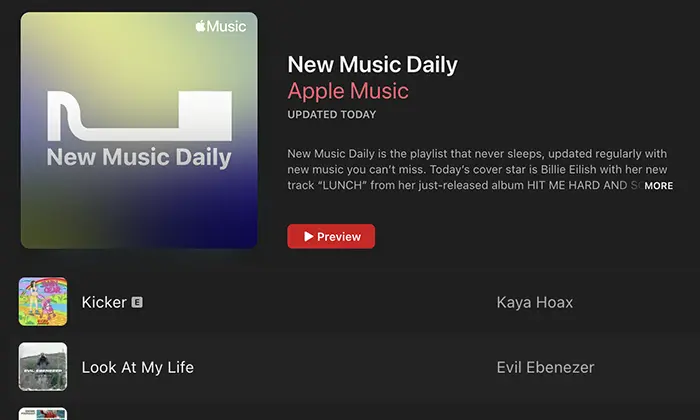 Screenshot of the Apple Music 'New Music Daily' playlist featuring the cover star Billie Eilish, songs "Kicker" by Kaya Hoax and "Look At My Life" by Evil Ebenezer, and a special highlight on Grace Gaustad's latest case study.