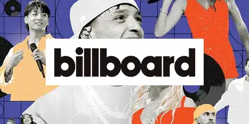 A montage of various musicians and performers with the "billboard" logo prominently displayed in the center. The background features blue tones, record graphics, and press-related imagery.