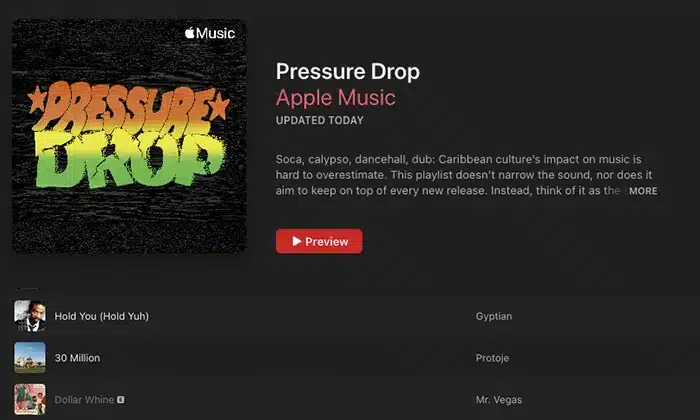 Apple Music playlist titled "Pressure Drop" featuring soca, calypso, dancehall, and dub songs. Includes tracks like "Hold You (Hold Yuh)" by Gyptian and "Dollar Whine" by Mr. Vegas. This vibrant collection could serve as a compelling Grace Gaustad case study in musical influence and genre fusion.