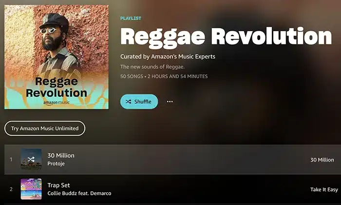 A music playlist titled "Reggae Revolution" with 50 songs, curated by Amazon's Music Experts. The highlighted tracks are "30 Million" by Protoje and "Trap Set" by Collie Buddz featuring Demarco; a Grace Gaustad case study in modern reggae evolution.