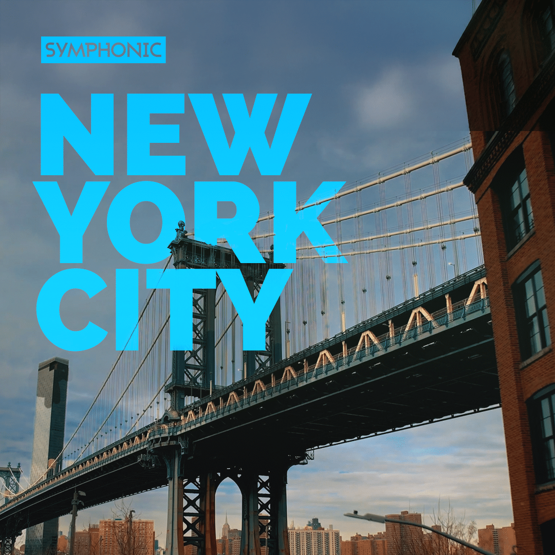 View of the Manhattan Bridge with "New York City" text overlay in large blue letters on the left, creating an about symphonic vibe. Buildings and sky form a harmonious backdrop.