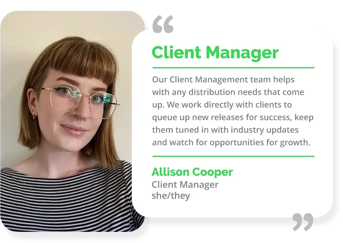 A person with glasses and short brown hair, wearing a striped shirt, stands next to a text block detailing a Client Manager role focused on leveraging Music Distribution Services to manage distribution and explore growth opportunities.