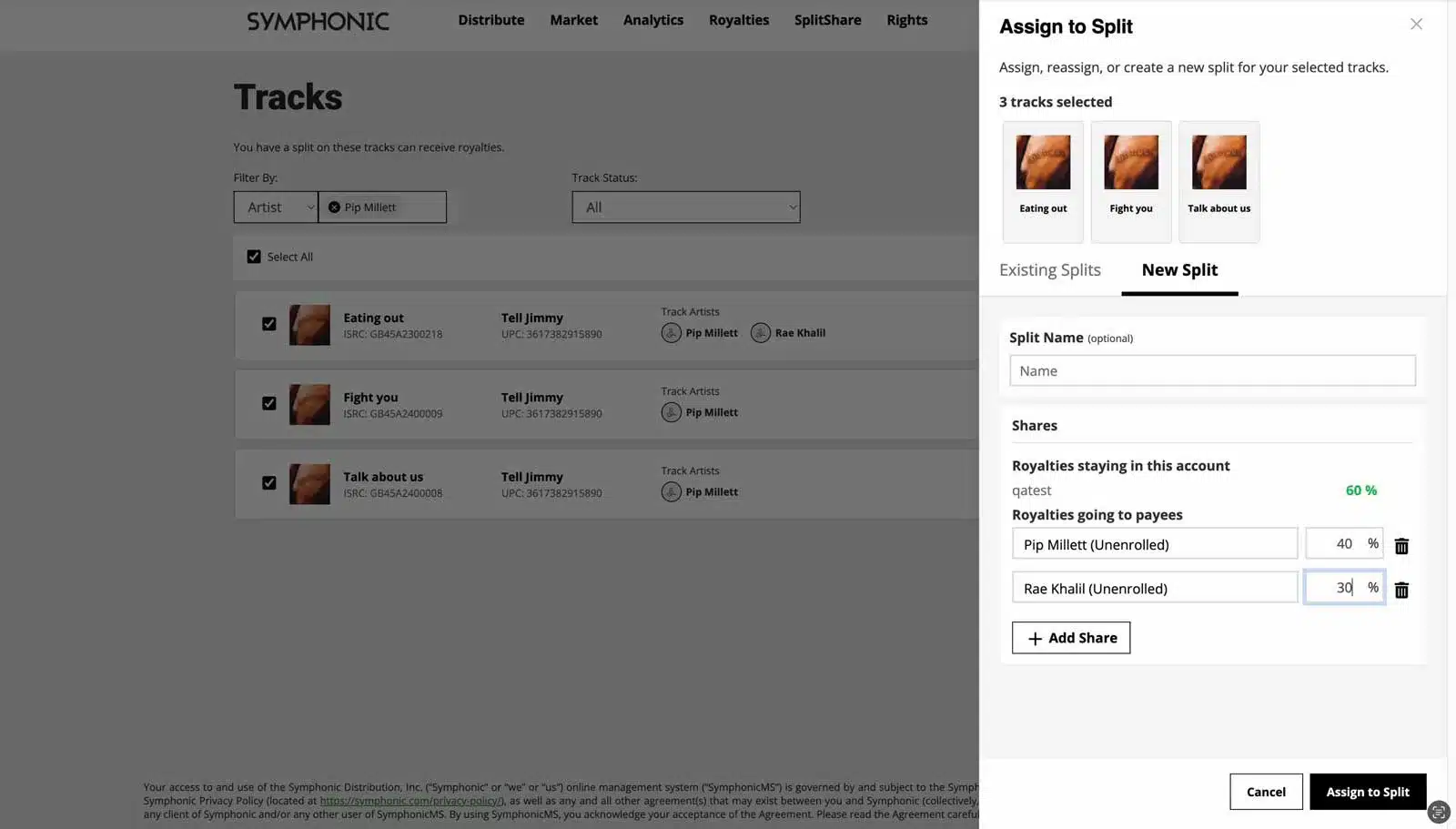 Screenshot of a music distribution platform showing track management and royalty splits, featuring a panel assigning 33% royalties to Rae Khalil on three tracks—part of an update highlighted in a recent Letter from Symphonic's CEO.