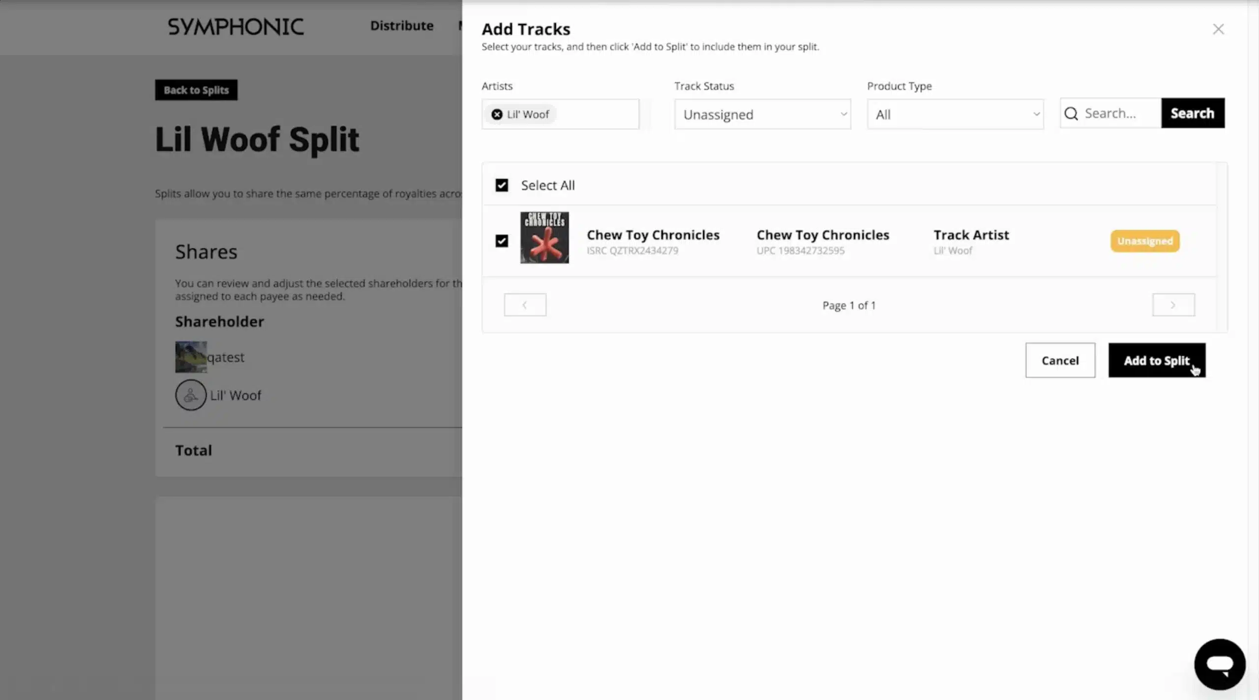 A digital interface displays a pop-up window titled "Add Tracks," featuring options to select and add the music track "Chew Toy Chronicles," along with a special Letter from Symphonic's CEO.