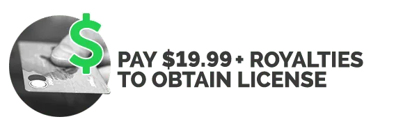 A hand holds a credit card with a large green dollar sign, and the partially obscured text reads, "Pay the song licensing royalty fee to obtain a license.