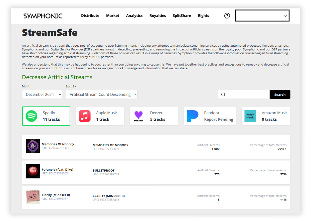 A webpage titled "StreamSafe" offers music analytics, displaying digital music data and artificial streams for tracks across platforms like Spotify, Apple Music, and others, with search and sorting options.