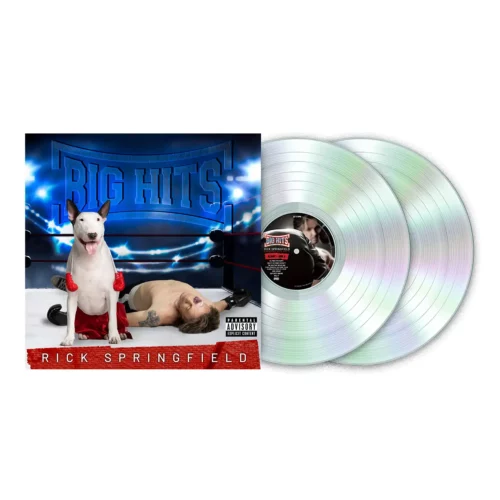 Album cover for "Big Hits" by Rick Springfield featuring a victorious dog in red boxing gloves standing over a defeated man in a wrestling ring, alongside three iridescent vinyl records, celebrating the era of physical music distribution.