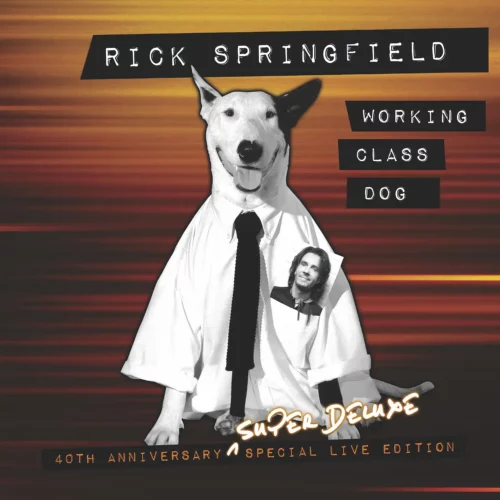 Album cover for Rick Springfield's "Working Class Dog Super Deluxe 40th Anniversary Special Live Edition," celebrating physical music distribution, featuring a dog in a shirt and tie with a small inset photo of a person.