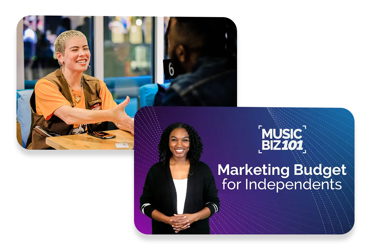 Two images: one shows two people discussing music distribution at a table, and the other features a woman standing in front of a “Marketing Budget for Independents” presentation slide.