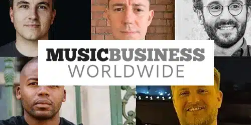 A collage of five men’s headshots with the text "Music Business Worldwide" overlaid in the center, capturing a dynamic moment in music industry press.
