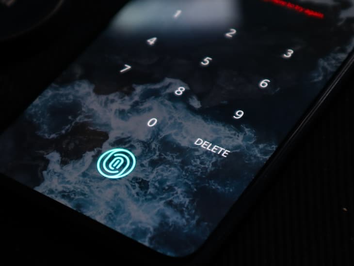 A smartphone screen showing a numeric keypad for entering a passcode, with a fingerprint scanner icon and the word "DELETE" visible.