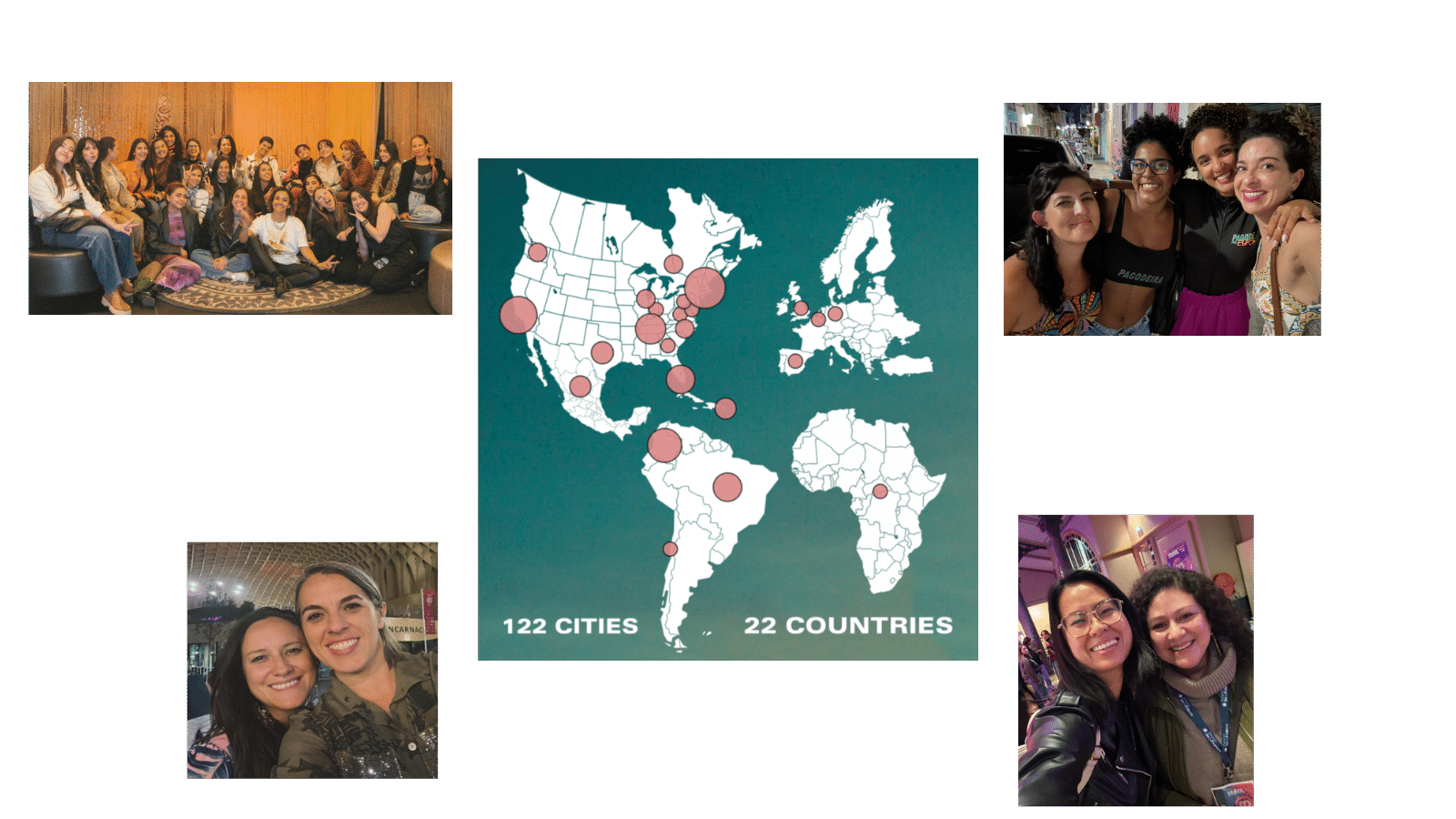 A map shows red dots marking 122 cities in 22 countries across the Americas, surrounded by four photos of groups and pairs of smiling people, reflecting the spirit of Women Empowerment.