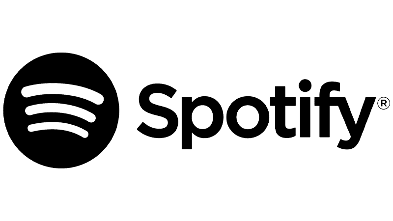 The image shows the black Spotify logo with three curved lines in a circle, next to the word "Spotify" in black font on a white background.