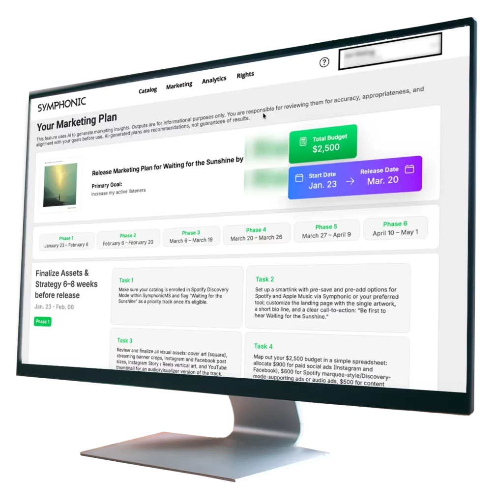 A computer monitor displays a marketing plan dashboard with timelines, tasks, Music Analytics, a green total budget box, and project dates for a campaign titled "Waiting for the Sunshine.