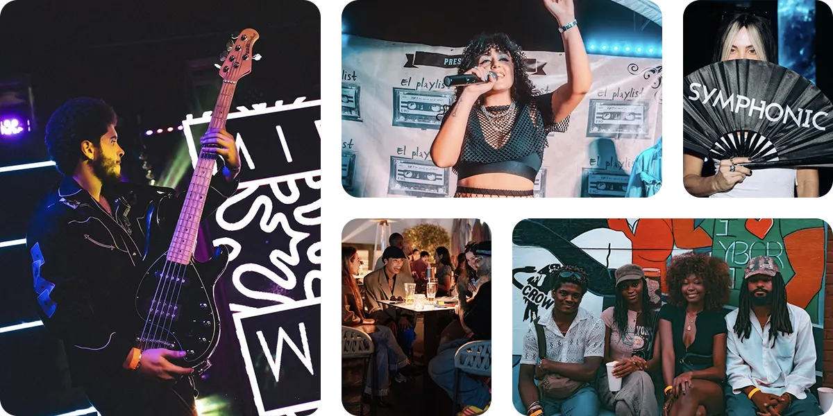 A collage of musicians performing on stage, people socializing at an outdoor event, and a group posing in front of a mural highlights the vibrant community featured in music industry guides.