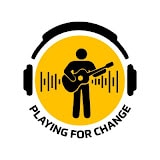 Logo with a yellow circle featuring a person playing guitar, sound waves, large black headphones, and the text "Playing for Change" below—capturing the spirit of music and unity that’s at the heart of About Symphonic.