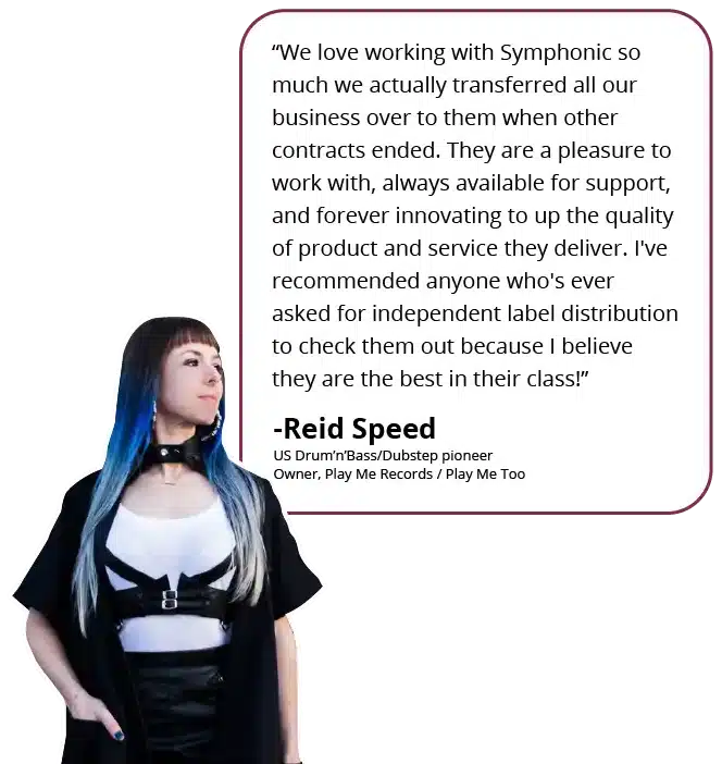 A woman with dyed hair and a black outfit stands next to a testimonial quote praising Symphonic for outstanding music distribution services by Reid Speed, highlighting their expertise in music industry guides.