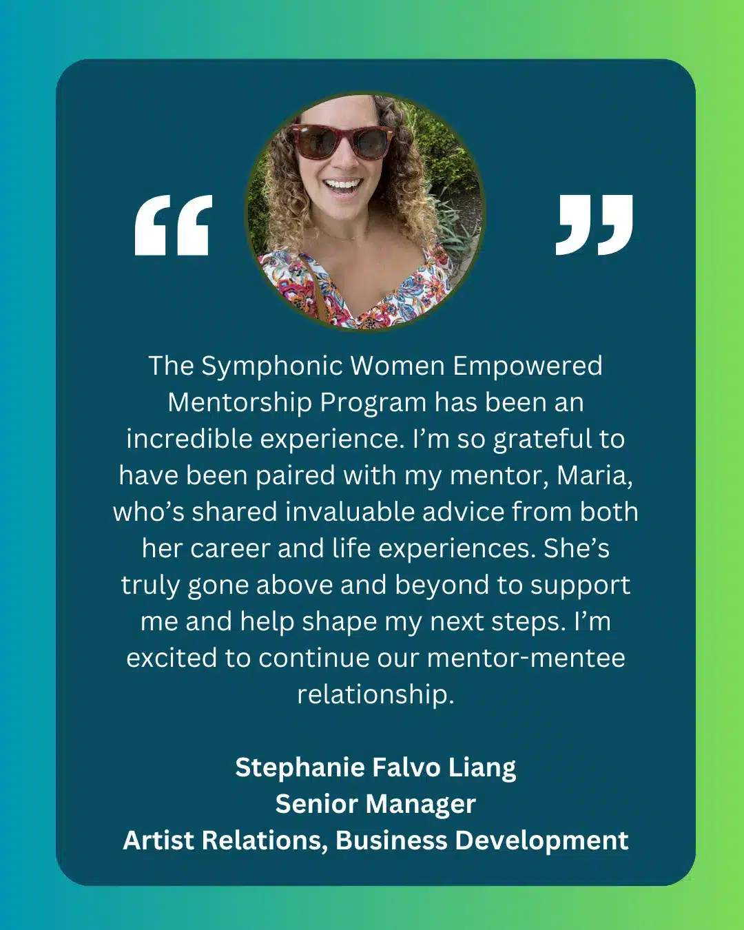 A testimonial from Stephanie Falvo Liang about the Women Empowered Mentorship Program is displayed with her smiling photo and quote on a blue-green gradient background.