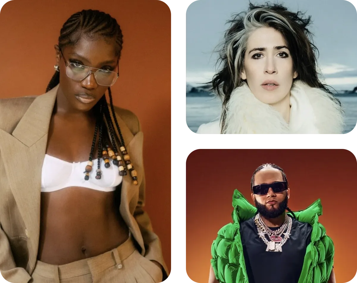 Three portraits: a woman in a tan suit and white top with beaded braids, a woman with streaked hair in a fur collar, and a man in a green spiked jacket with sunglasses and jewelry—style icons fit for music industry guides.
