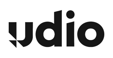 Black and white logo with the word "udio" in lowercase letters, featuring a stylized "u" composed of geometric shapes—perfect for brands in music distribution.