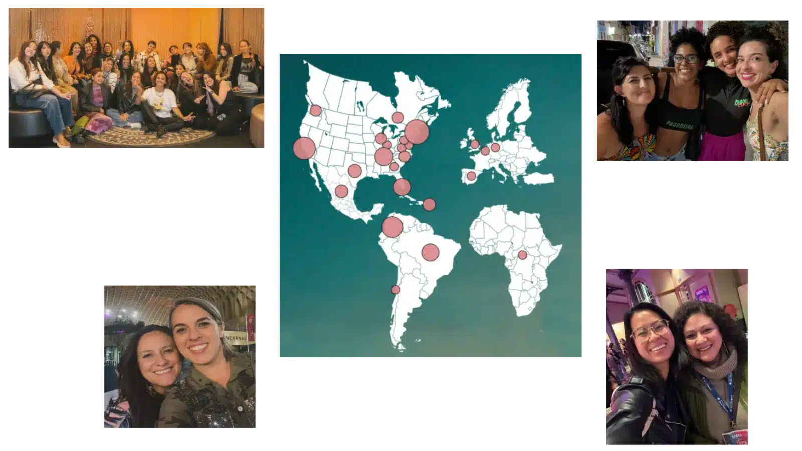 A world map with red circles indicating locations, surrounded by four photos of groups and pairs of people smiling, highlighting Women Empowered communities around the globe.