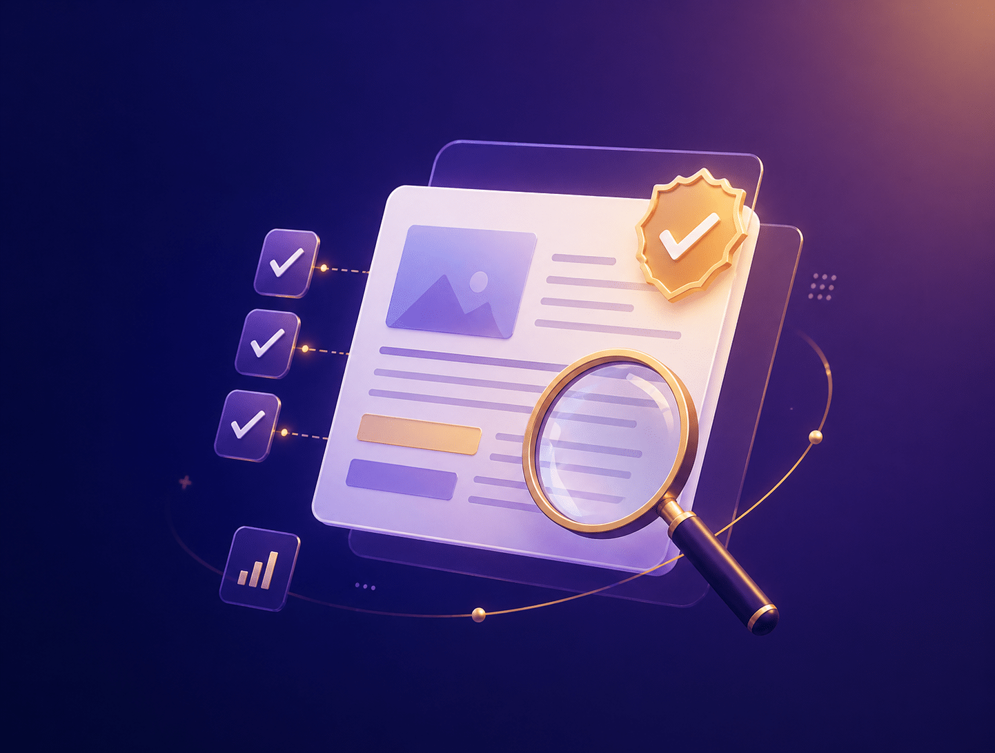 3D illustration of a digital document with checklist, magnifying glass, and approval badge, inspired by a Letter from Symphonic's CEO, representing data review or validation.