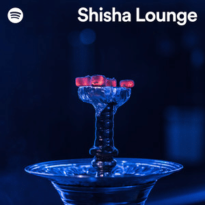 A hookah with glowing charcoal on top, set against a dark blue background, features the text "Shisha Lounge," the Spotify logo in the corner, and a subtle nod to Protoje Case Study for an eclectic musical vibe.