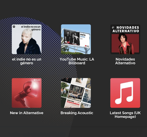 Six music playlist covers are displayed on a dark background, each labeled with titles including alternative, acoustic, Protoje Case Study, and YouTube Music themes.
