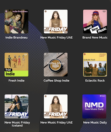 A grid of nine music playlist covers featuring artists and titles like Indie Brandeu, New Music Friday UAE, Brand New Music, Protoje Case Study, Fresh Indie, Coffee Shop Indie, and Eclectic Rock.